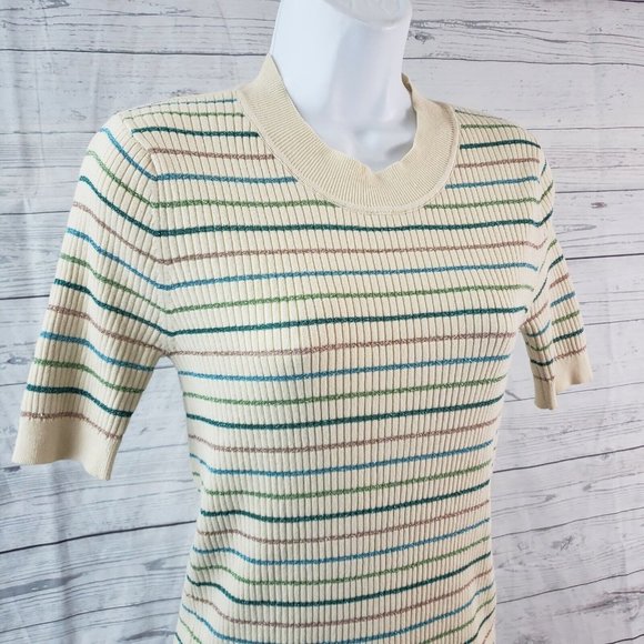Modcloth Womens Ribbed Pullover Top Sz Large Pink‎ Green Striped - Picture 2 of 6